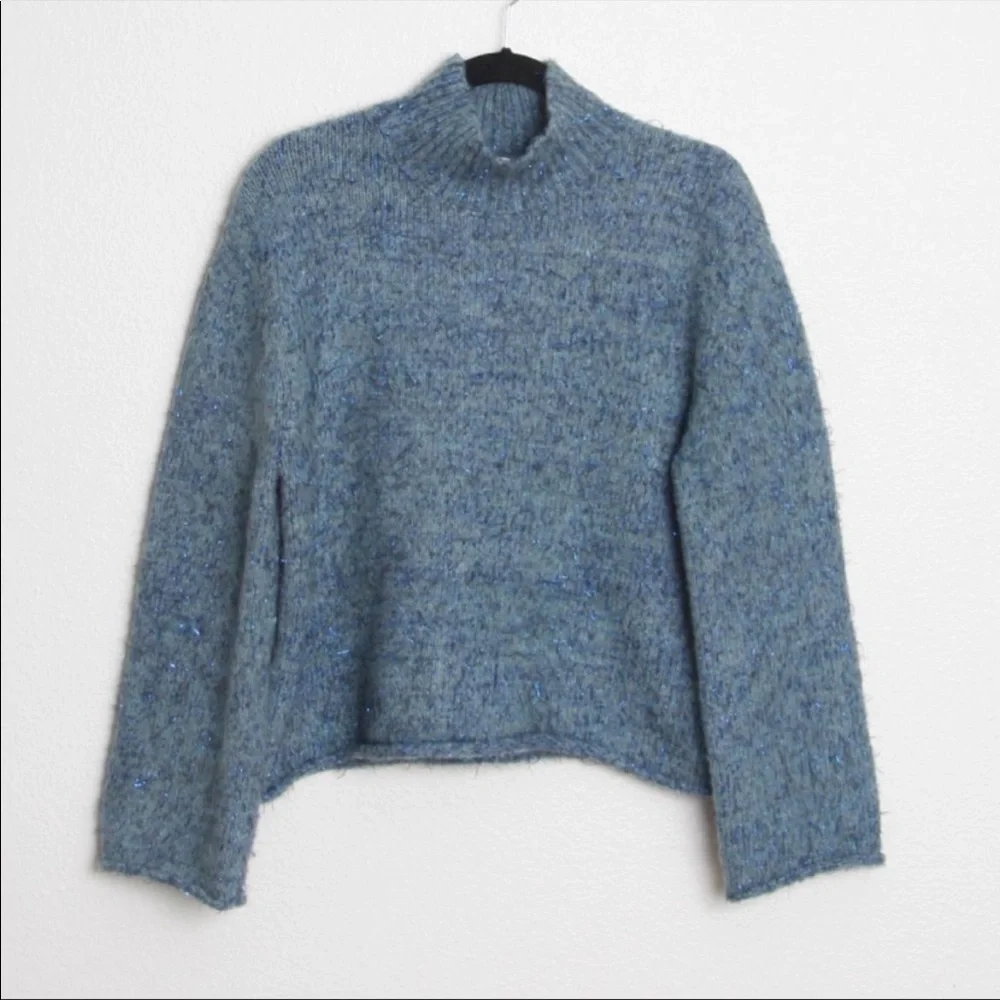 Anthropologie Moth Sparkle Knit Tinsel Mock Neck Turtleneck Sweater Blue Small - Picture 3 of 7
